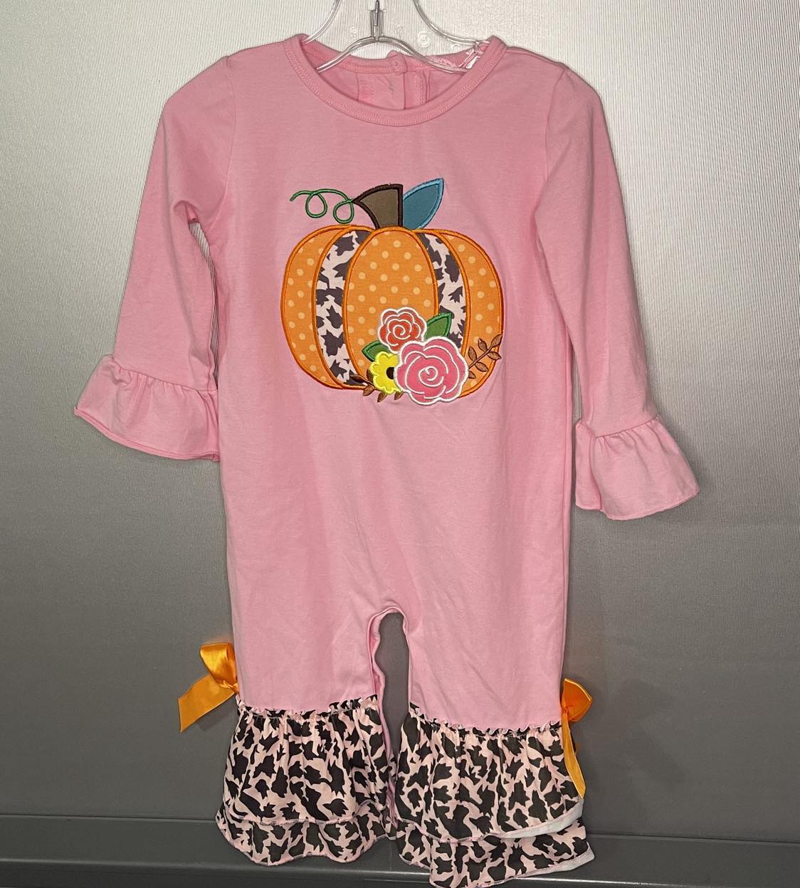 Appliqued Pink Pumpkin jump suit with Cheetah Print Ruffles