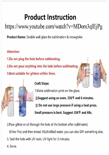 Glass can 20oz blank sublimation Pree drilled snow globe glitter double walled